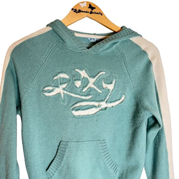 Womens VIntage Roxy Teal Hooded Pullover Sweater - Boho Chic  Size Small - Picture 4 of 7